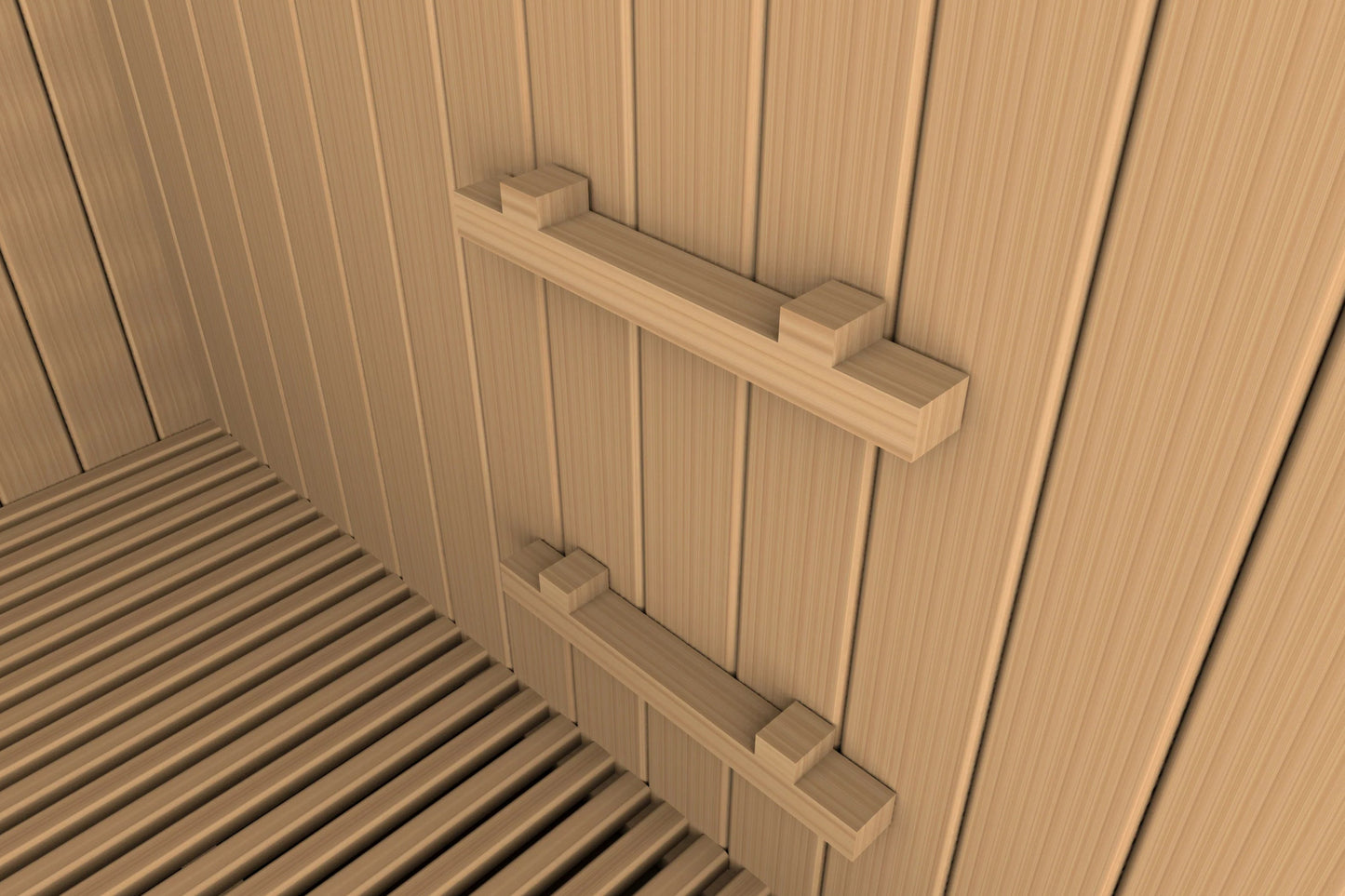 Light wood sauna interior with vertical paneling, wooden benches, and rectangular pull handles on the right wall