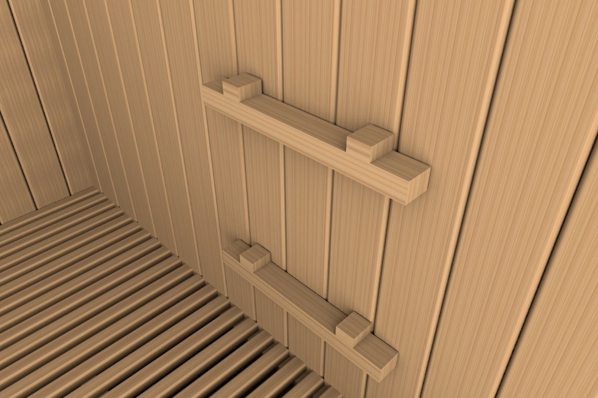 Light wood sauna interior with vertical paneling, wooden benches, and rectangular pull handles on the right wall