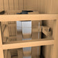 Golden Designs Sundsvall 2-person traditional sauna with light wood exterior and interior bench seating visible through open 