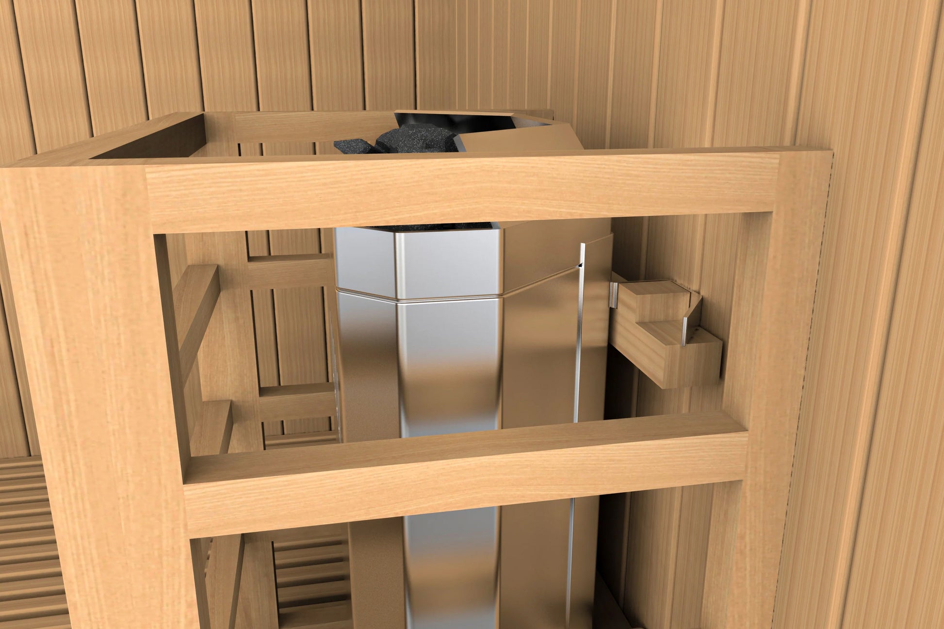 Golden Designs Sundsvall 2-person traditional sauna with light wood exterior and interior bench seating visible through open 