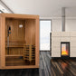 Golden Designs Sundsvall 2-person traditional sauna with cedar wood exterior, glass doors, and wooden benches in modern inter