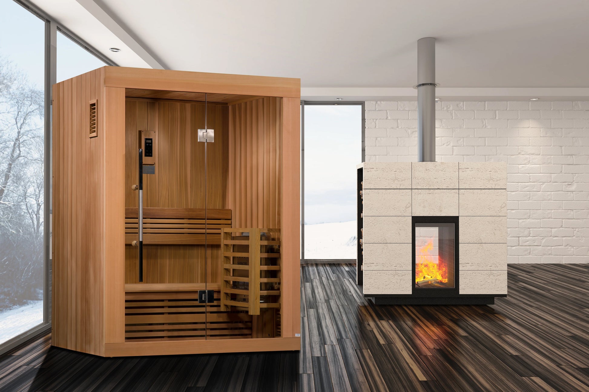 Golden Designs Sundsvall 2-person traditional sauna with cedar wood exterior, glass doors, and wooden benches in modern inter