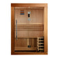 Golden Designs Sundsvall Edition 2-person sauna with cedar wood interior, glass door, bench seating, and control panel on whi