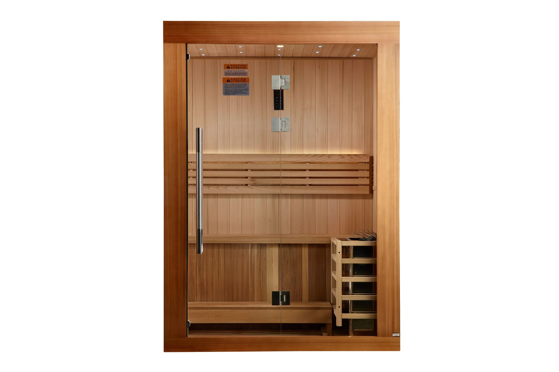 Golden Designs Sundsvall Edition 2-person sauna with cedar wood interior, glass door, bench seating, and control panel on whi