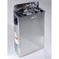 Harvia stainless steel sauna heater with open lid revealing black rocks inside, on white background