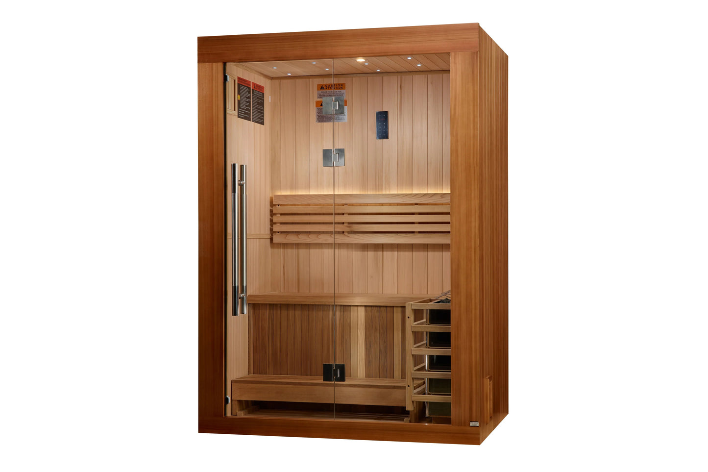 Golden Designs Sundsvall Edition 2-person traditional sauna with light wood interior, glass doors, benches, and control panel