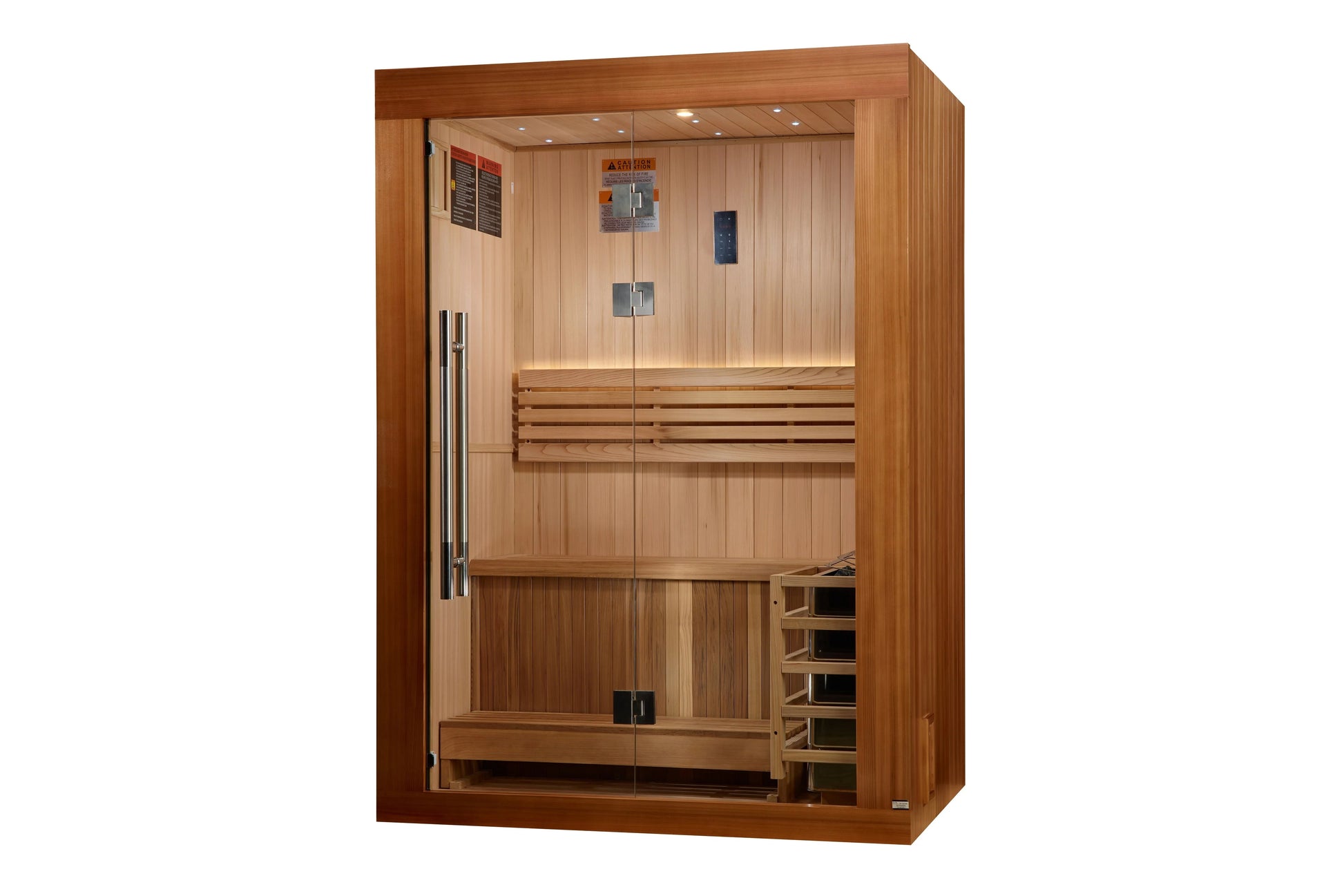 Golden Designs Sundsvall Edition 2-person traditional sauna with light wood interior, glass doors, benches, and control panel