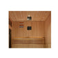 Golden Designs Sundsvall Edition 2-person sauna interior with wood paneling, bench seating, heater, and recessed lighting