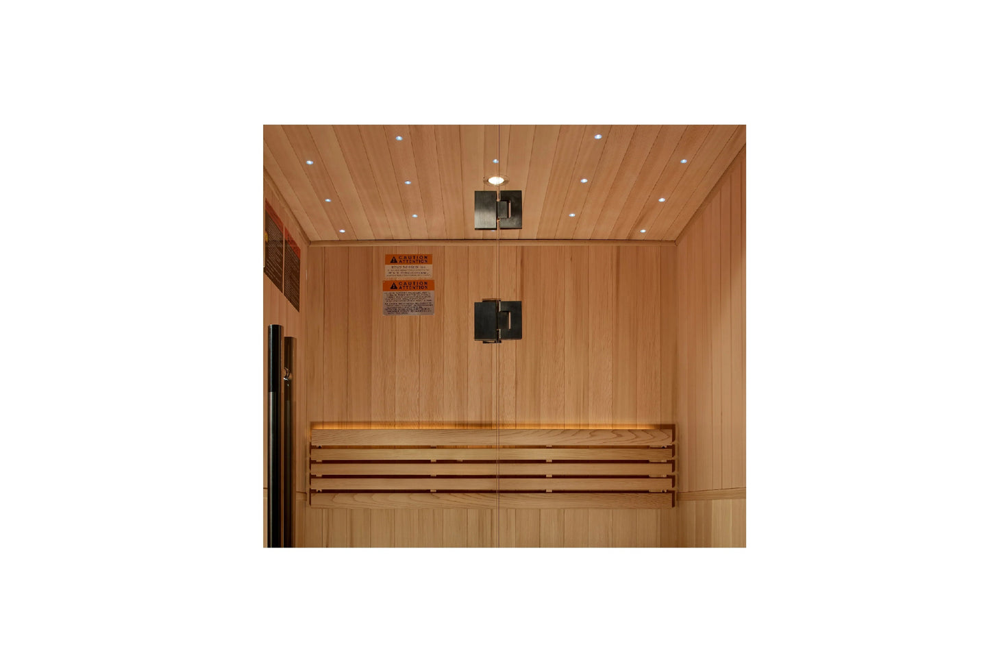 Golden Designs Sundsvall Edition 2-person sauna interior with wood paneling, bench seating, heater, and recessed lighting