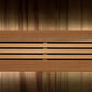 Wooden sauna interior with vertical paneling in warm brown tones and horizontal slat bench seating detail