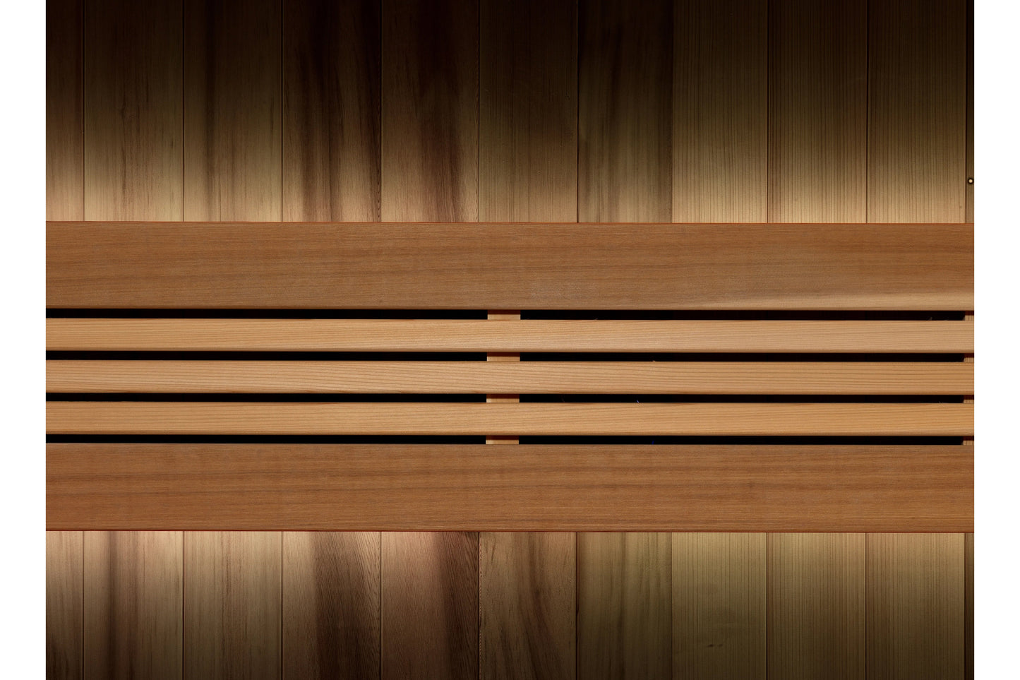 Wooden sauna interior with vertical paneling in warm brown tones and horizontal slat bench seating detail