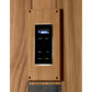 Digital control panel with LED display mounted on light wood sauna door, showing dual light settings and power controls