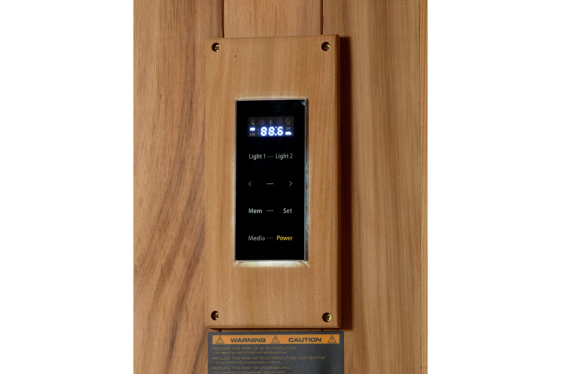Digital control panel with LED display mounted on light wood sauna door, showing dual light settings and power controls