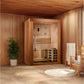 Golden Designs Sundsvall Edition 2-person indoor sauna with cedar wood construction and glass door, displayed in spa setting
