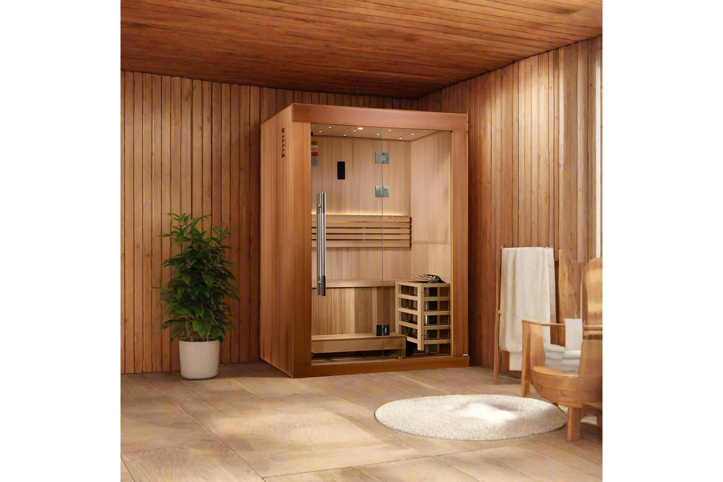 Golden Designs Sundsvall Edition 2-person indoor sauna with cedar wood construction and glass door, displayed in spa setting