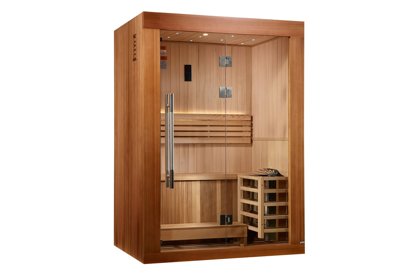 Golden Designs Sundsvall Edition 2-person indoor sauna with cedar wood construction, glass door, bench seating, and control p