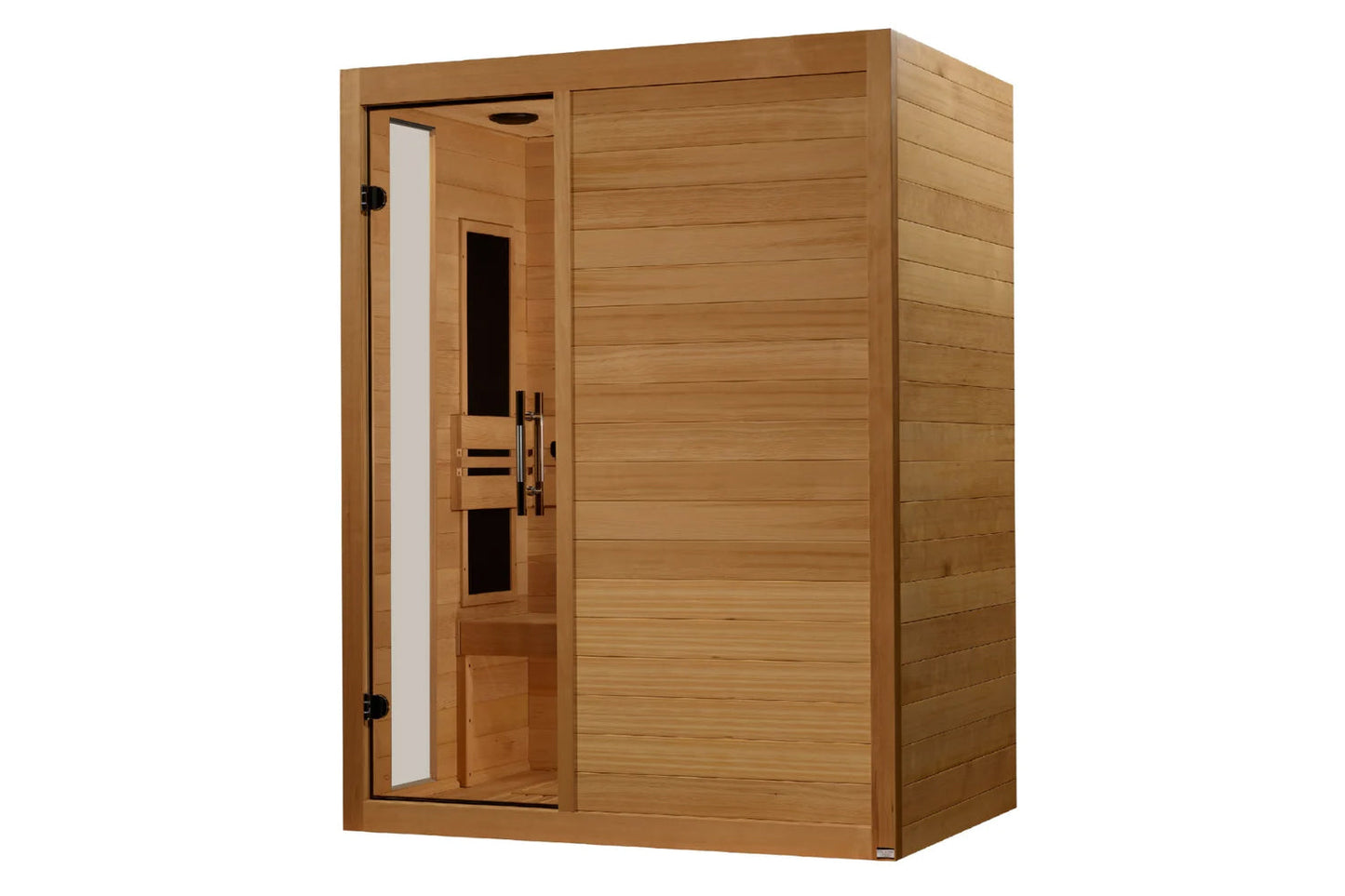 Golden Designs Toscana three-person sauna with cedar wood construction, glass door with black handle, and horizontal wood pan