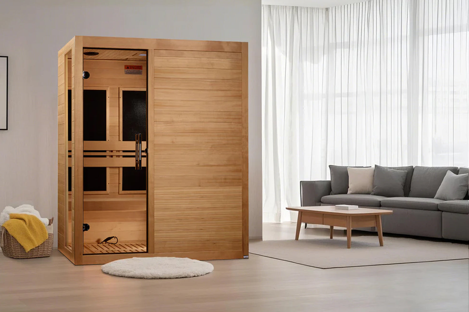 Golden Designs Toscana 3-person sauna with natural wood construction and glass door panel in modern living room setting