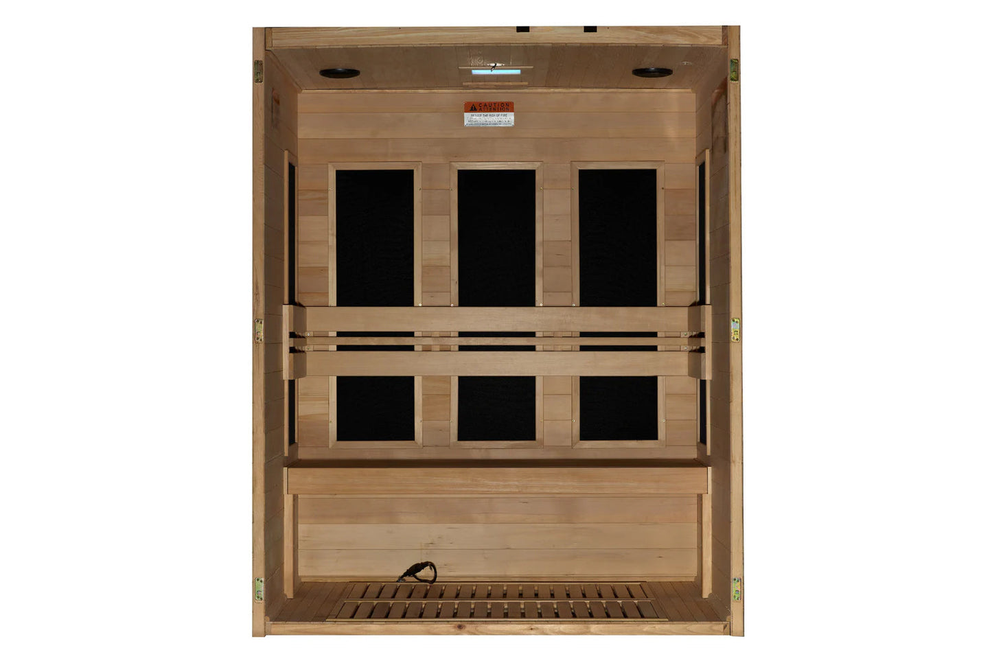 Golden Designs Toscana 3-person infrared sauna with light wood construction, six black glass windows, bench seating, and inte