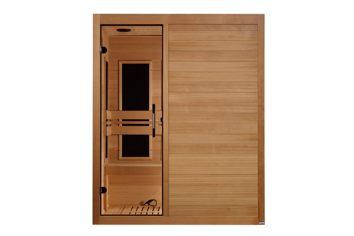 Golden Designs Toscana 3-person infrared sauna with light wood construction, glass door with two black windows, wooden bench 