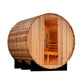 Golden Designs Uppsala barrel sauna with light wood construction, open door showing wooden interior benches, on white backgro