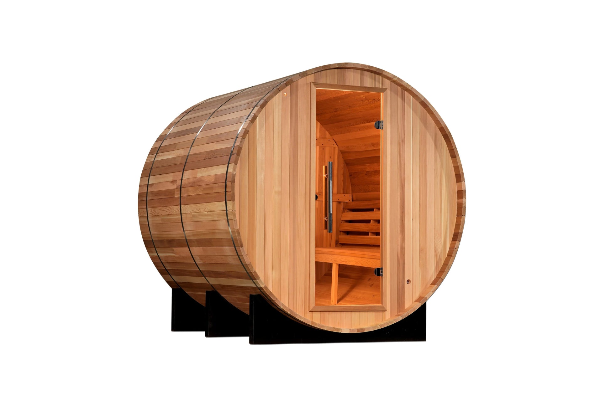 Golden Designs Uppsala barrel sauna with light wood construction, open door showing wooden interior benches, on white backgro