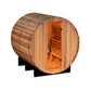 Golden Designs Uppsala barrel sauna with cedar wood construction, open door showing interior wooden benches and orange-tinted