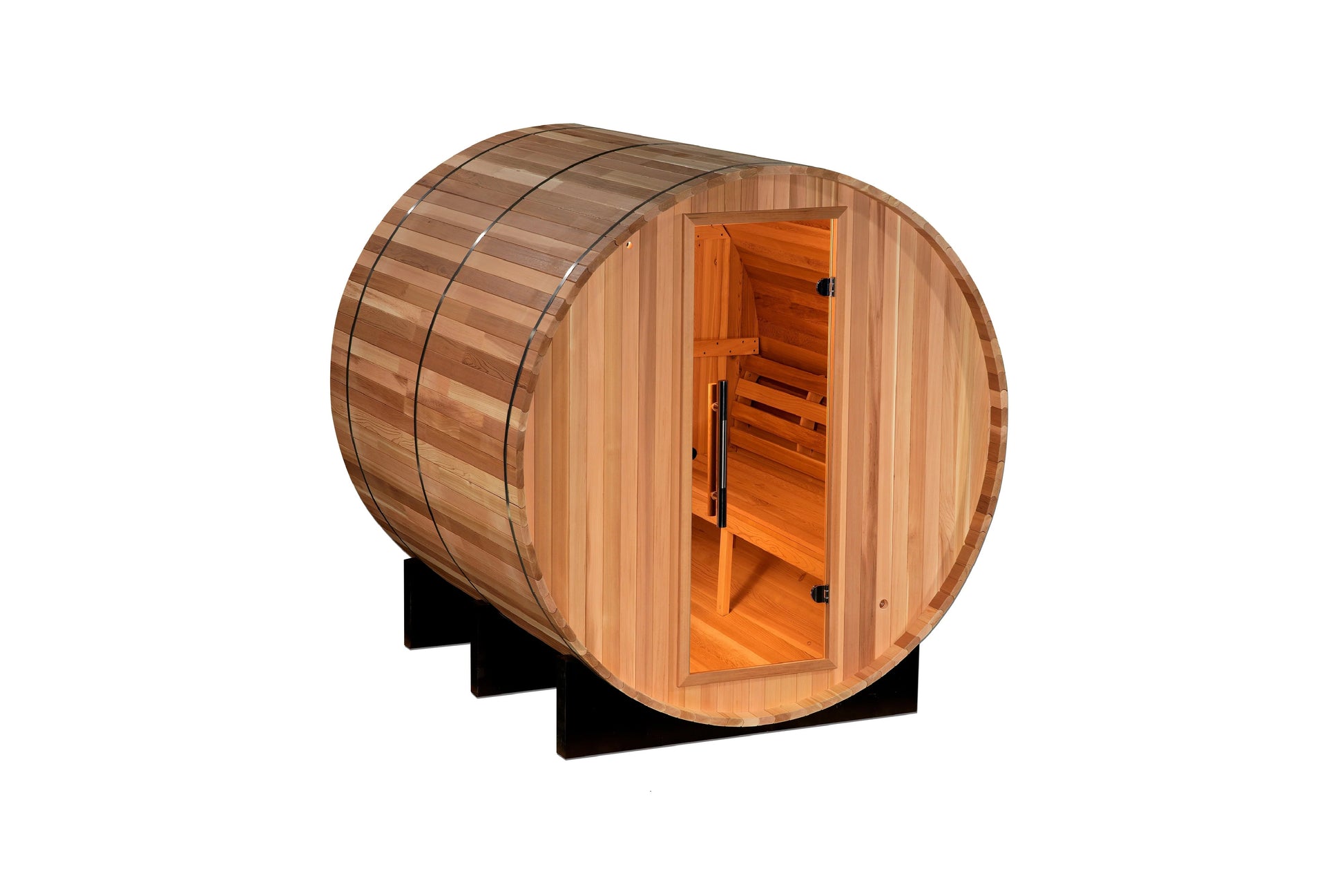 Golden Designs Uppsala barrel sauna with cedar wood construction, open door showing interior wooden benches and orange-tinted