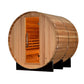 Golden Designs Uppsala barrel sauna with cedar wood exterior, open door revealing orange interior benches, on white backgroun