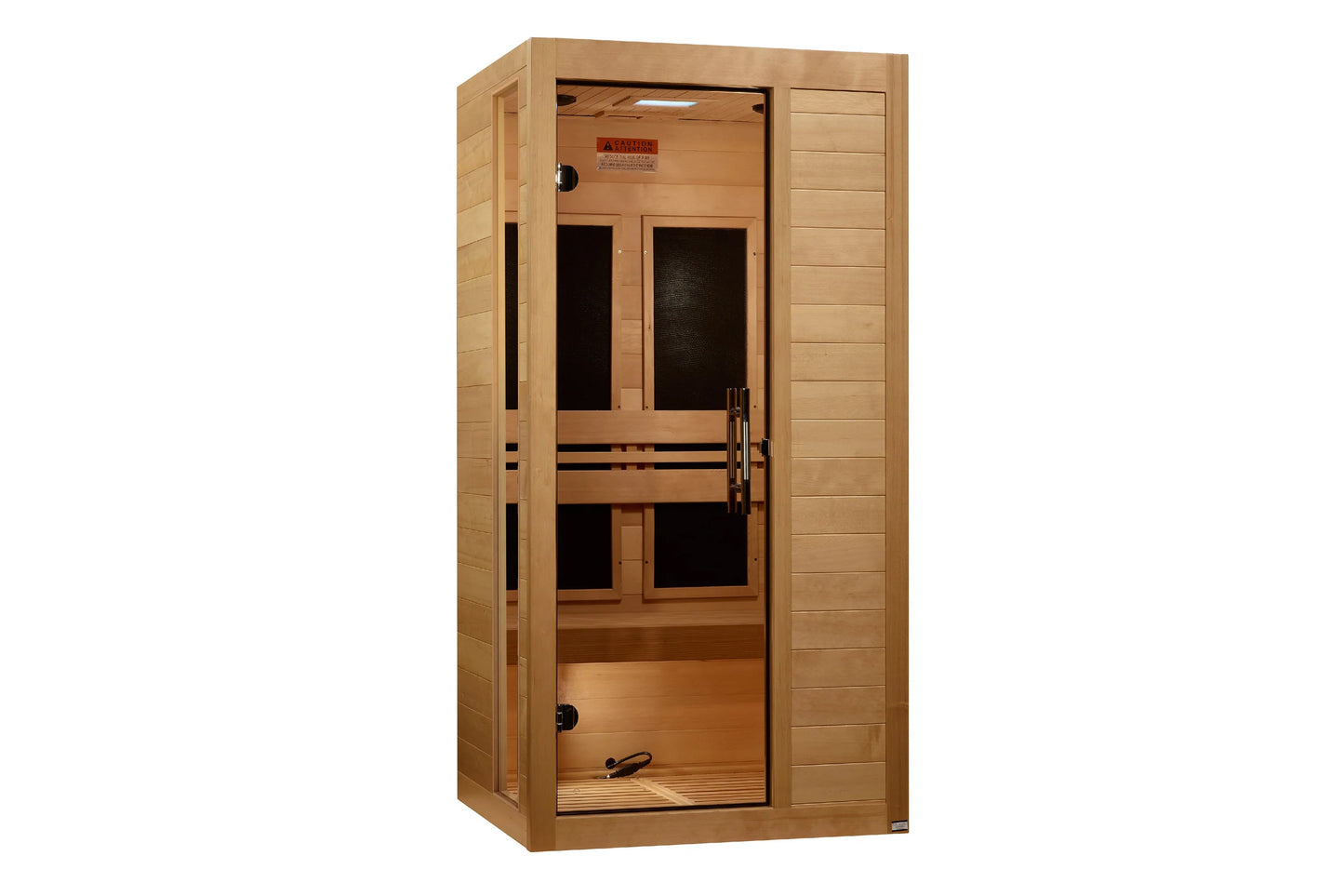 Golden Designs Veneto sauna with natural wood construction, glass doors, and black interior bench seating on white background