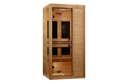 Golden Designs Veneto sauna with natural wood construction, glass doors, and black interior bench seating on white background
