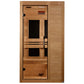 Golden Designs Veneto sauna with light wood exterior, glass door with black handles, interior bench seating, and black window