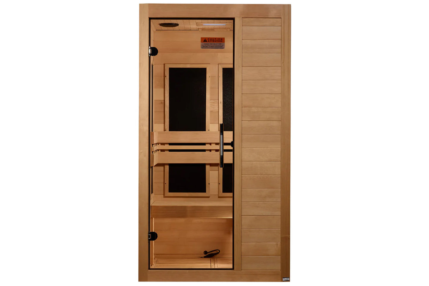 Golden Designs Veneto sauna with light wood exterior, glass door with black handles, interior bench seating, and black window