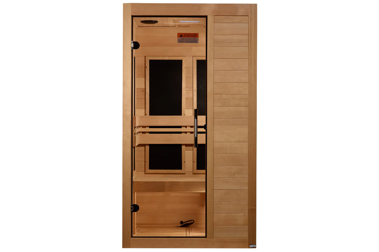 Golden Designs Veneto sauna with light wood exterior, glass door with black handles, interior bench seating, and black window