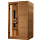 Cedar wooden infrared sauna cabin with glass door and black hardware, interior view on white background