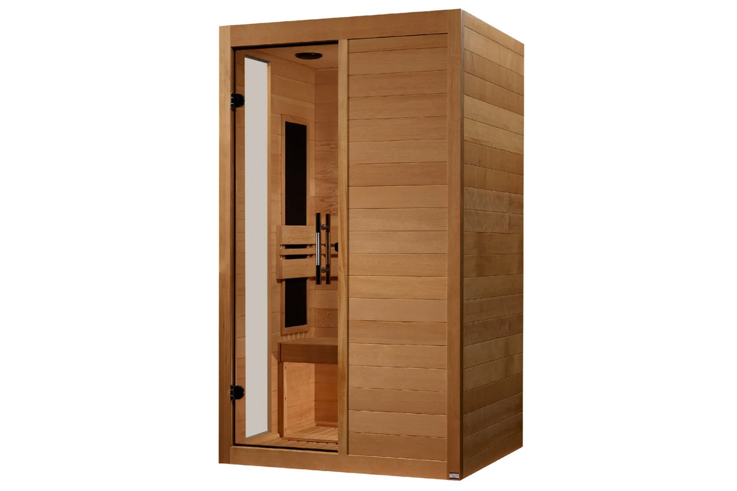 Cedar wooden infrared sauna cabin with glass door and black hardware, interior view on white background
