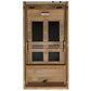 Natural wood sauna cabinet with four black textile panels, open door revealing interior, viewed from front on white backgroun