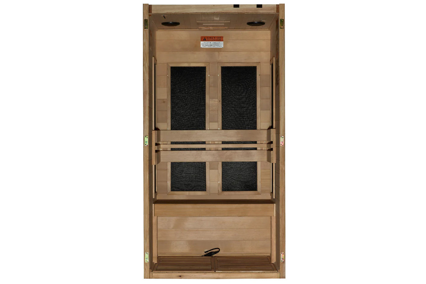 Natural wood sauna cabinet with four black textile panels, open door revealing interior, viewed from front on white backgroun