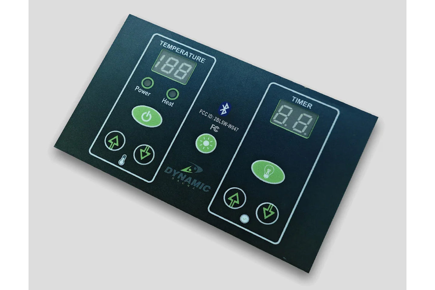 Dark teal sauna control panel with digital temperature and timer displays, green illuminated buttons for power, heat, and lig