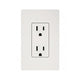 White electrical outlet with two stacked receptacles mounted on light gray wall plate, on white background