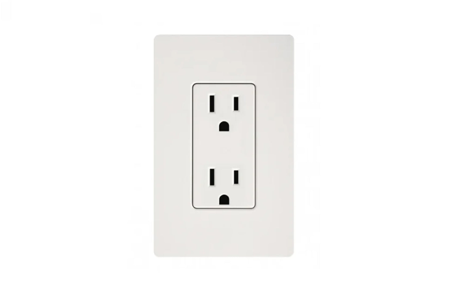 White electrical outlet with two stacked receptacles mounted on light gray wall plate, on white background