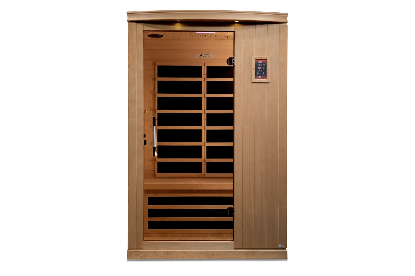 Golden Designs Venice Elite 2-person infrared sauna with light wood exterior, glass door with wooden frame, infrared heating 