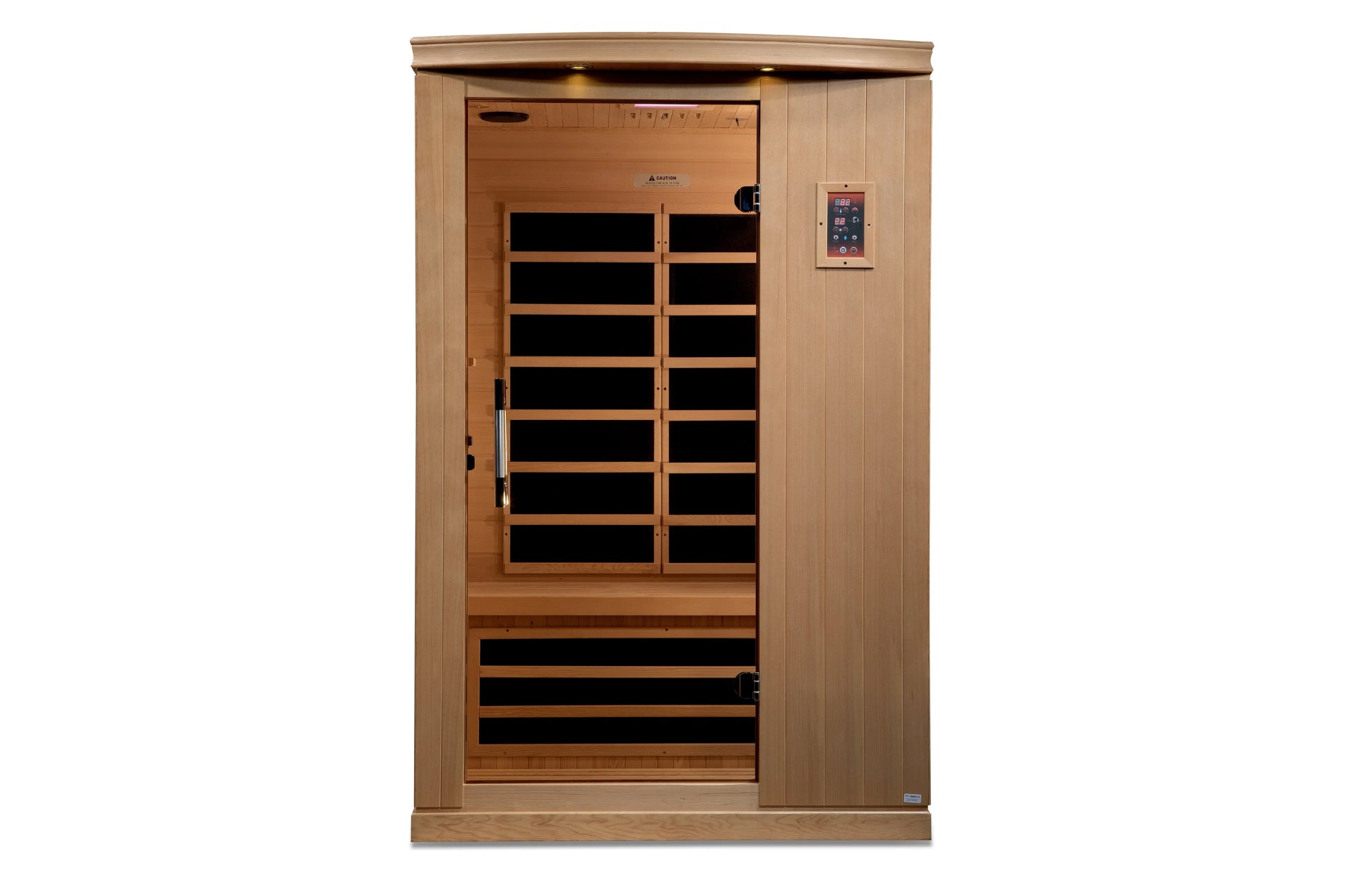 Golden Designs Venice Elite 2-person infrared sauna with light wood exterior, glass door with wooden frame, infrared heating 