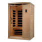 Golden Designs Venice Elite 2-person infrared sauna with light wood exterior, glass door with black interior heating panels, 