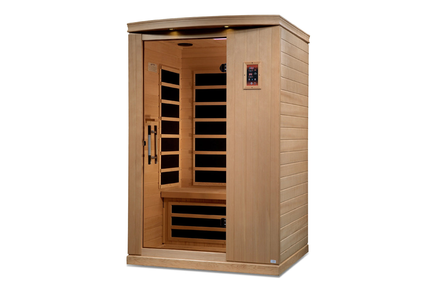 Golden Designs Venice Elite 2-person infrared sauna with light wood exterior, glass door with black interior heating panels, 