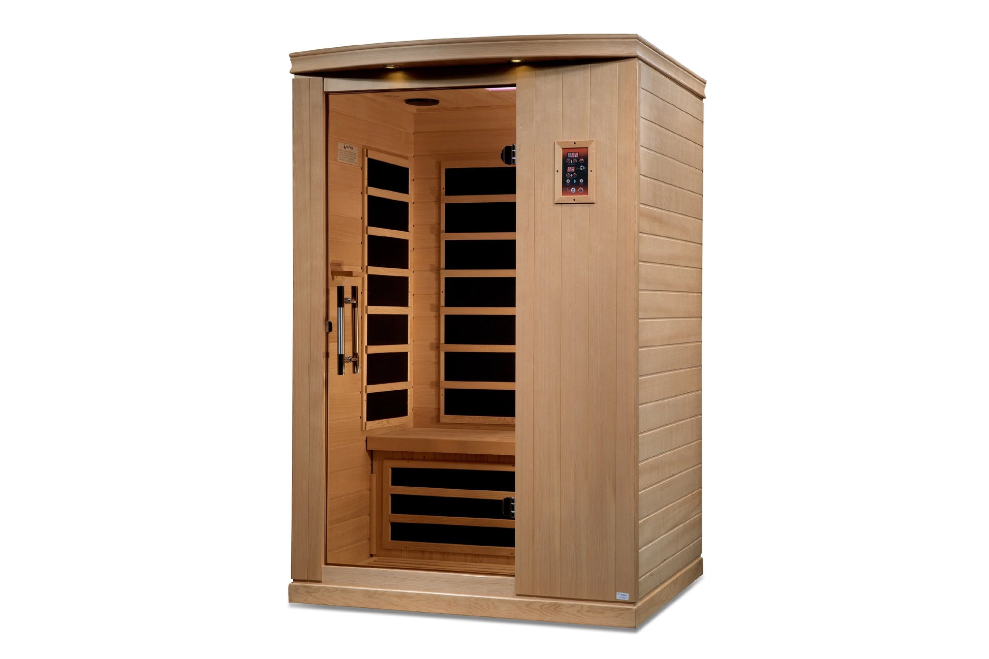 Golden Designs Venice Elite 2-person infrared sauna with light wood exterior, glass door with black interior heating panels, 