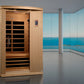 Golden Designs Venice Elite 2-person infrared sauna with light wood exterior, black interior benches, digital control panel, 