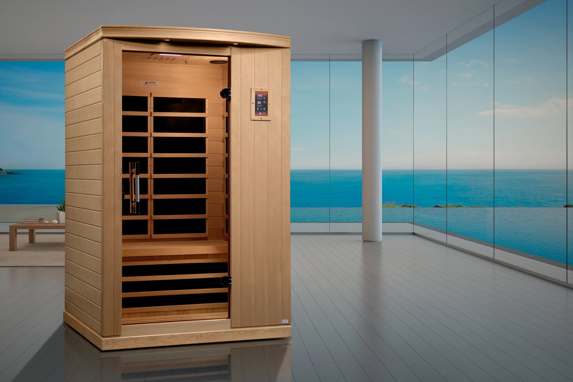 Golden Designs Venice Elite 2-person infrared sauna with light wood exterior, black interior benches, digital control panel, 
