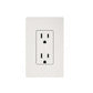 White duplex electrical outlet with two receptacles on light gray wall plate