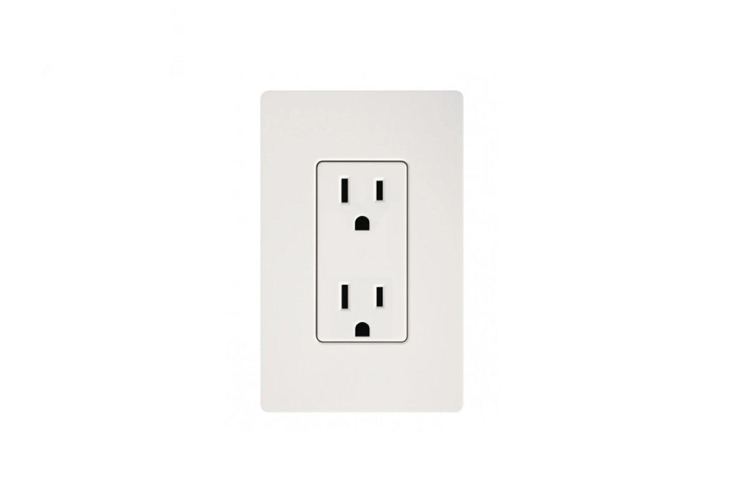 White duplex electrical outlet with two receptacles on light gray wall plate
